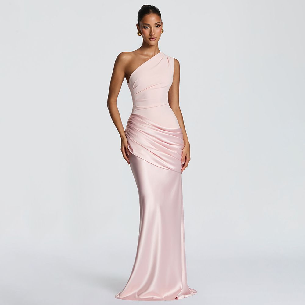 Elegant Satin Long Dress for Women High Waisted One Shoulder Asymmetrical Neckline Pleated Slim Fit Bodycon European American Style_ecoleips.com