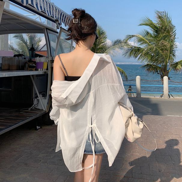 Women's White Chiffon Sun Protection Shirt Thin Breathable Summer Top With Backless Tie Cardigan For Swimwear_ecoleips.com