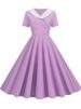Summer Midi Dress Women Elegant Pink Vintage Party Sundress Casual Peter Pan Collar Short Sleeve Dress_ecoleips.com