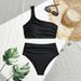 Solid Color One-Shoulder High-Waisted Bikini Set With Ruffle Detail, Trendy Two-Piece Swimsuit_ecoleips.com
