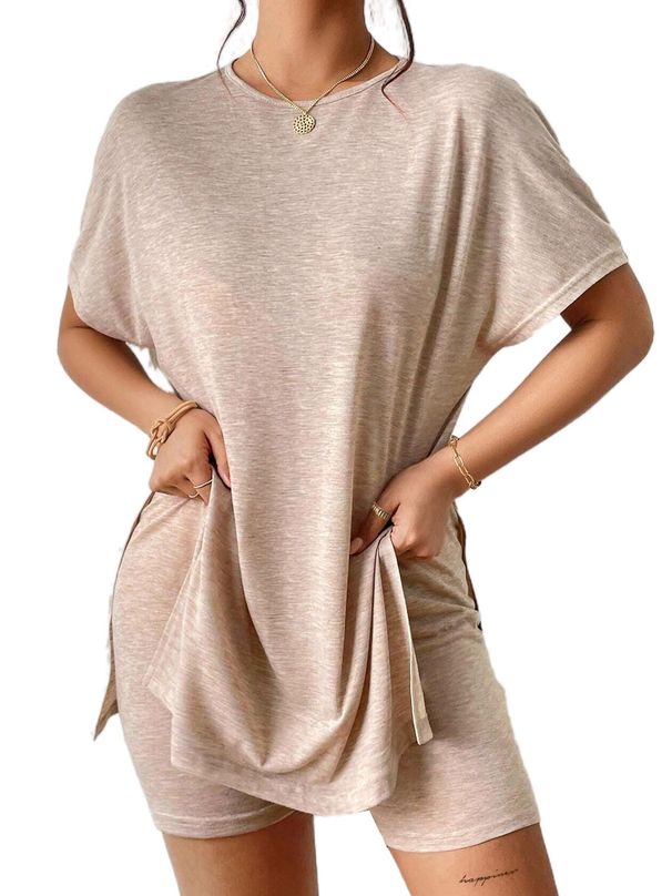 Women's Casual Batwing Sleeve Top And 3/4 Shorts Set Solid Color Loose Fit Summer Two-Piece Outfit for Home And Street Style_ecoleips.com