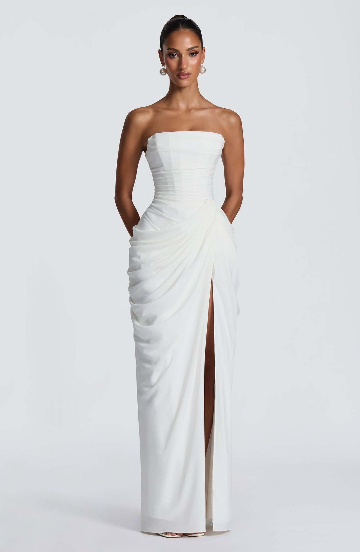 European And American Style Asymmetrical Pleated Strapless Dress Sexy High Slit French Romantic Women's Clothing/Dress_ecoleips.com