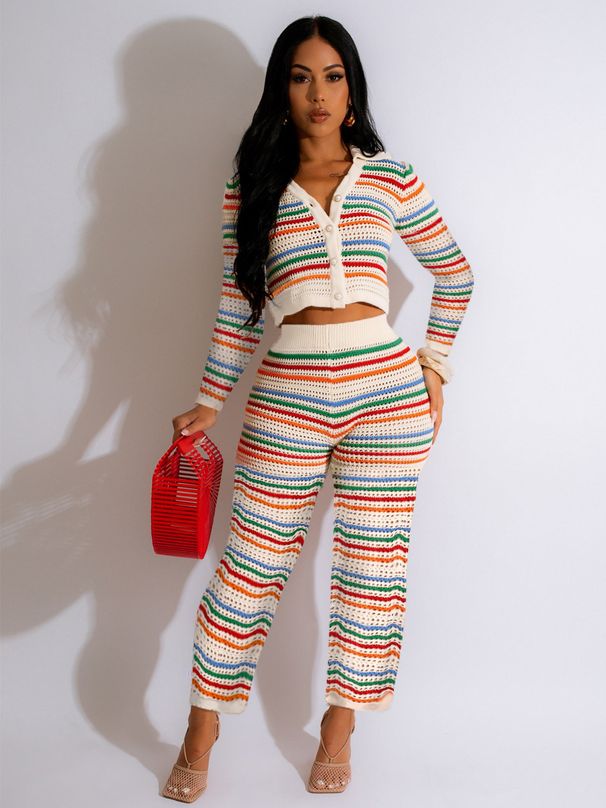 Women's Clothing Summer New Sexy Knitted Contrast Color Long Sleeved Trousers Wide Leg Casual Suit_ecoleips.com