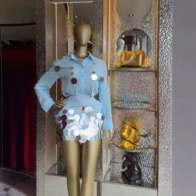 Women's Summer 2 Piece Set Fashion Vacation Long Sleeved Sequined Shirt And A-Line Skirt American Style_ecoleips.com