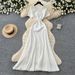 Women's French Style Beaded Short Sleeved Dress Summer Gentle Feminine High Waisted A-Line Skirt Slimming Flattering Commuting_ecoleips.com