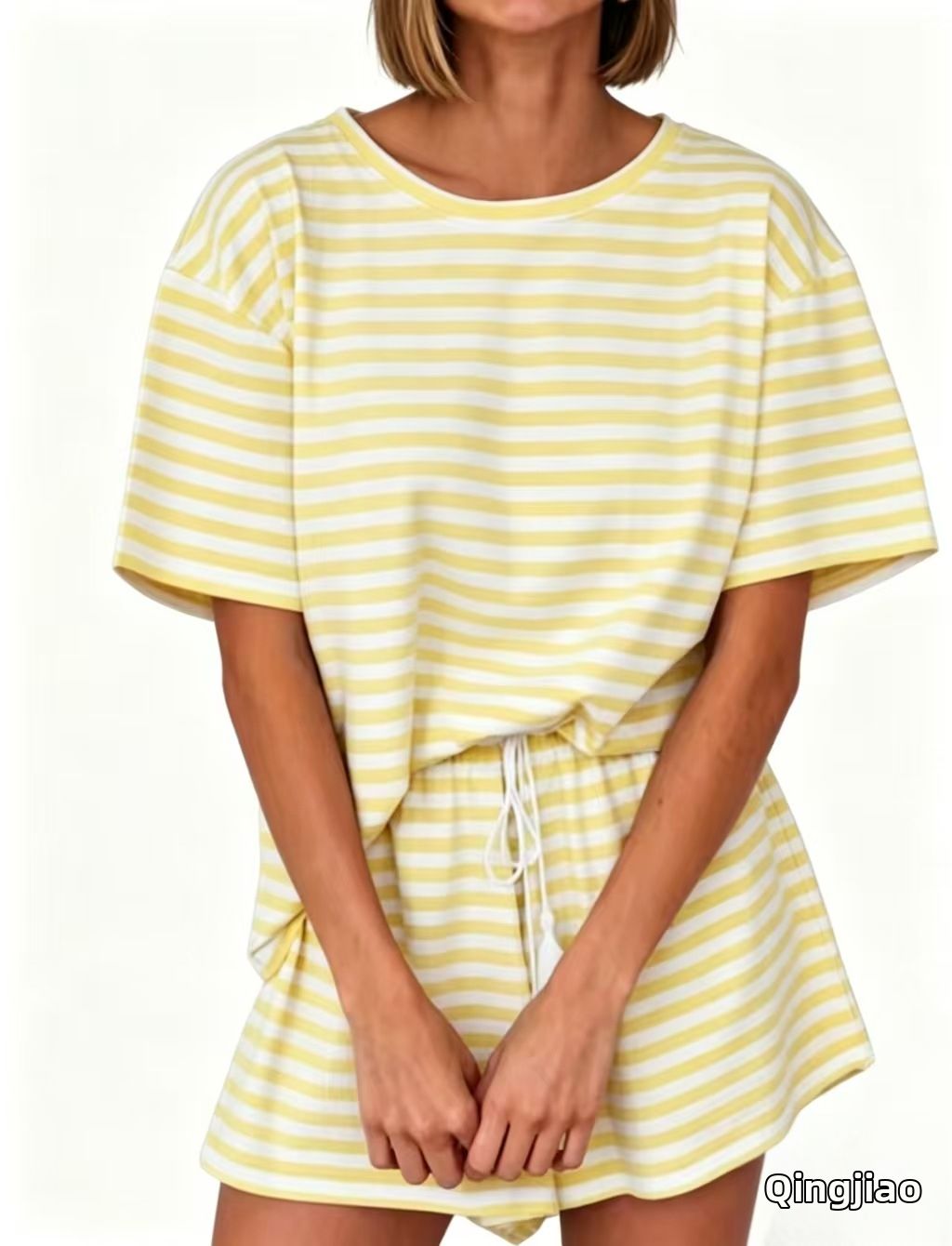 Women's Striped Two Piece Set European And American Style Spring/Summer Casual Home Wear Loose Fit Short Sleeve Shorts Set Fashionable_ecoleips.com