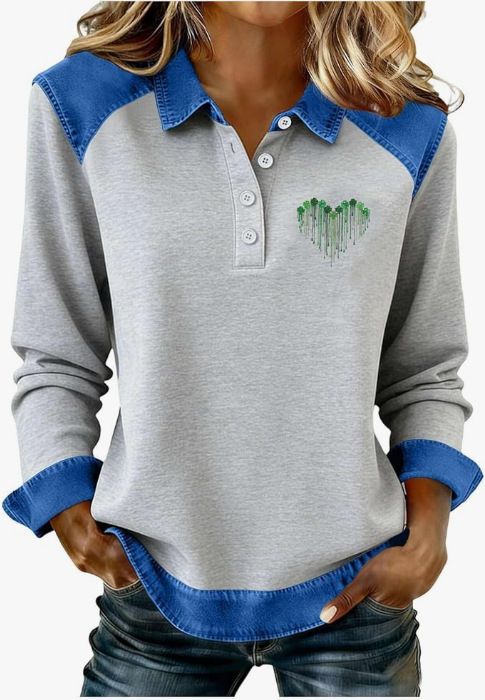 Women's Long Sleeve Sweatshirt Heart Print Color Block Casual Lapel Top Loose Fit American Style New_ecoleips.com