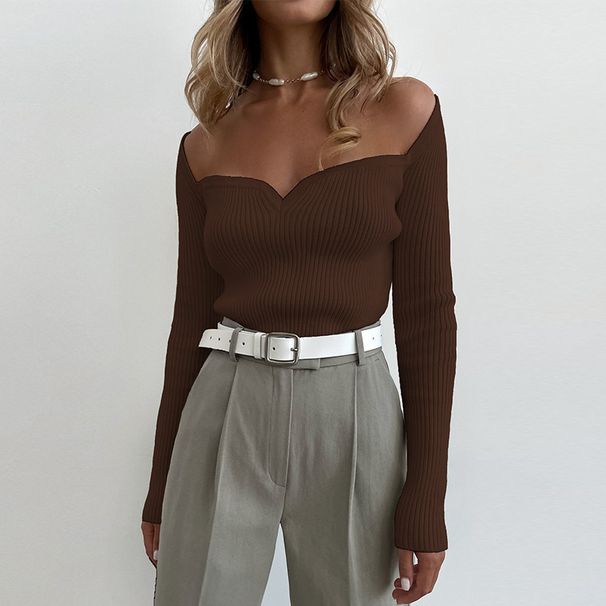 Women’s Clothing New Solid Color Women's Autumn And Winter Long Sleeved Square Neck Off Shoulder Tight Fashion Sweater Knitted Bottoming Shirt_ecoleips.com