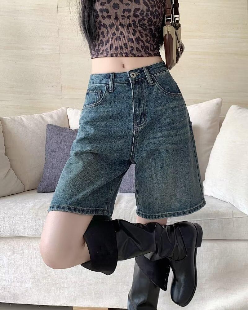 Retro Hong Kong Style Women's Denim Shorts Solid Color Loose Fit Summer Trendy Outdoor Wear Five Point Popular Pants_ecoleips.com