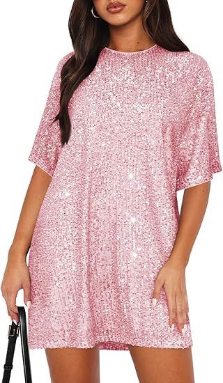 Women's Clothing Round Neck Women's Sequined Dress, Sexy Shimmering T Shirt, Sparkly Short Sleeve, Loose Fit, Party Dress_ecoleips.com