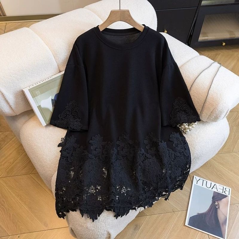 Korean Style Loose Plus Size Short Sleeve T-Shirt Round Neck Lace Splicing Pure Color Slimming Anti-Aging Versatile Women's Top_ecoleips.com