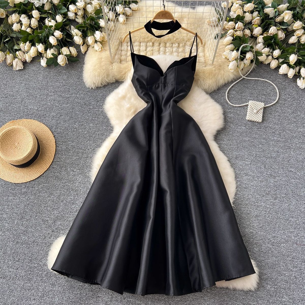 French Retro Hepburn Style Women's Halter Dress Elegant Slimming High Waist Design New Summer Fashion_ecoleips.com