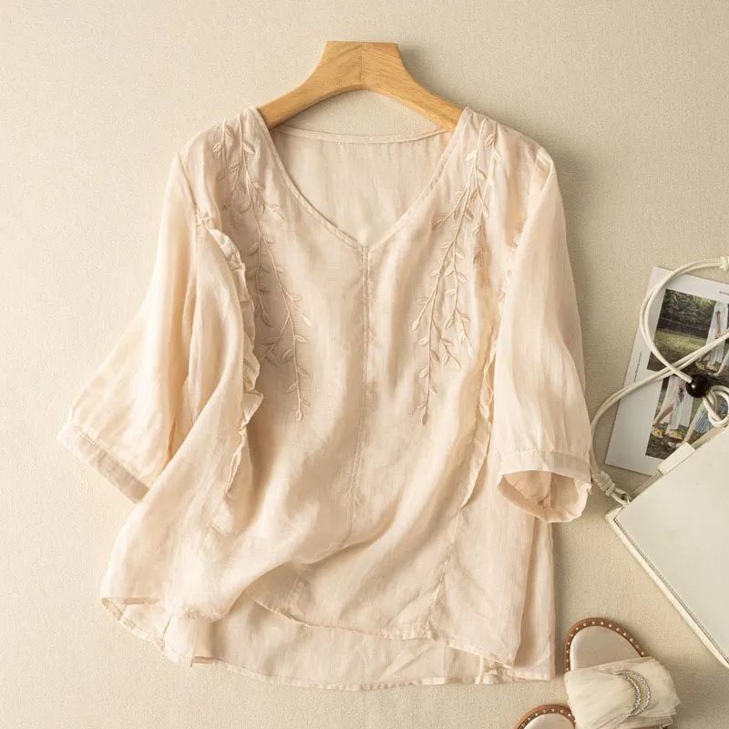 This 2026 Summer Embroidered Cotton And Linen Top Is Loose, Elegant, Artistic And Retro With Three-Quarter Sleeves. It F_ecoleips.com