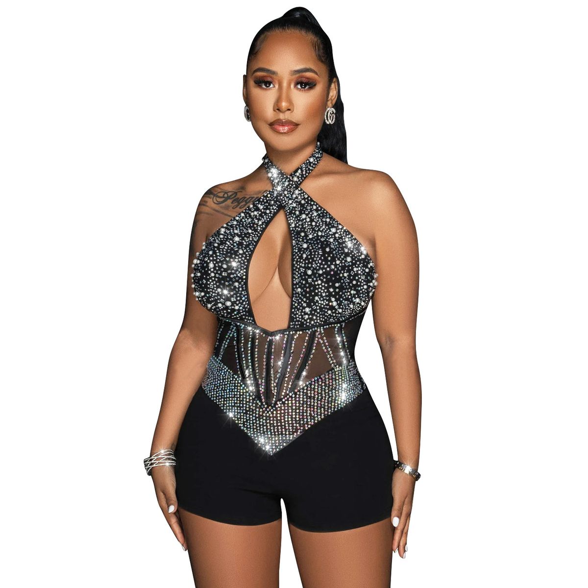 Women's Clothing Sexy Mesh Tight Halter Neck Hot Diamond Jumpsuit For Women_ecoleips.com