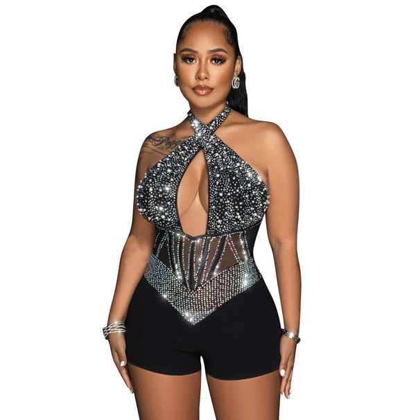 Women's Clothing Sexy Mesh Tight Halter Neck Hot Diamond Jumpsuit For Women_ecoleips.com