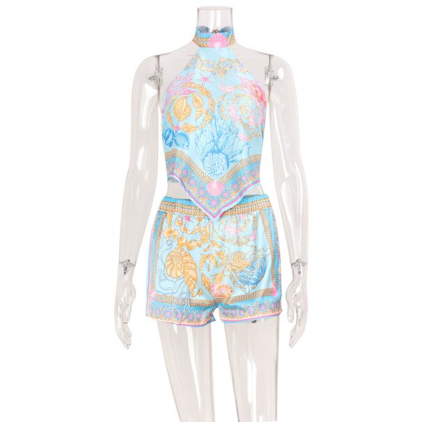 Women's Ethnic Print Two Piece Set Strapless Halter Neck Top With Loose Shorts Fashionable Style_ecoleips.com