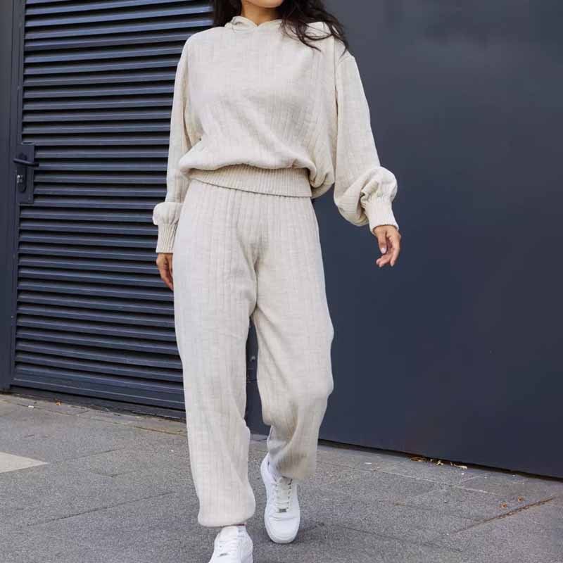 Women’s Hooded Knit Sweater & Pants Set – Solid Color Loungewear (S-XXL) – Cozy Polyester-Spandex Outfit_ecoleips.com