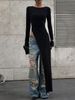 Hugcitar Fashion Solid O Neck Long Sleeve Slit Sexy Bodycon Maxi Dress Fall Winter Women Y2K New Outfits Evening Party Vacation_ecoleips.com