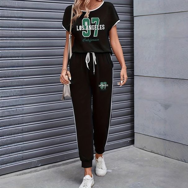 Women's Color Block Trim Casual Suit Simple Loose Fit Short Sleeve Set Style For Spring Summer Autumn_ecoleips.com