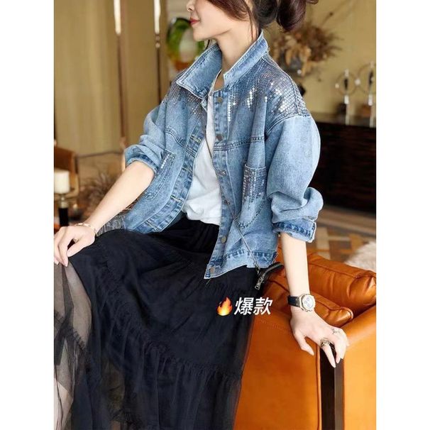 Fashionable Simple Design Sequin Denim Jacket Women, 2026 Spring Autumn New Style, Versatile And Loose-fitting Top For_ecoleips.com