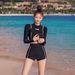 K New High Waist Split Black Long Sleeved Small Flat Corner Conservative Slimming Two-piece Set For Women's Sun Protection Swimsuit_ecoleips.com