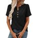 Floral Jacquard Short Sleeve Button Front T-Shirt For Women, Summer Casual Round Neck Blouse Top_ecoleips.com