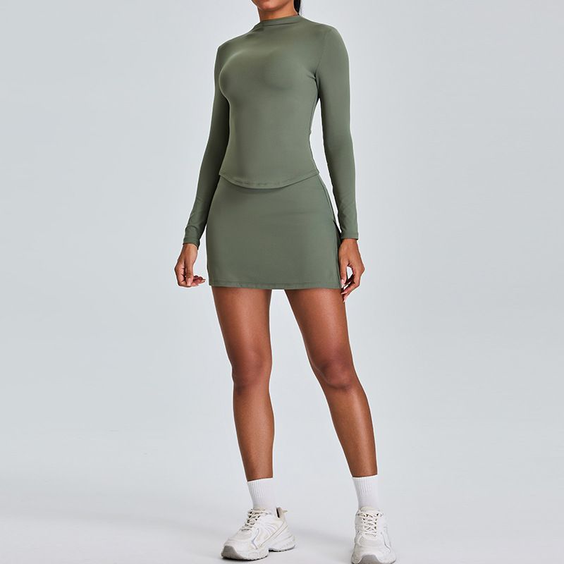 Women's Slim Fit Long Sleeved Yoga Outfit Set High Waisted Sports Skirt A Line Bodycon Skirt Fitness Shorts_ecoleips.com