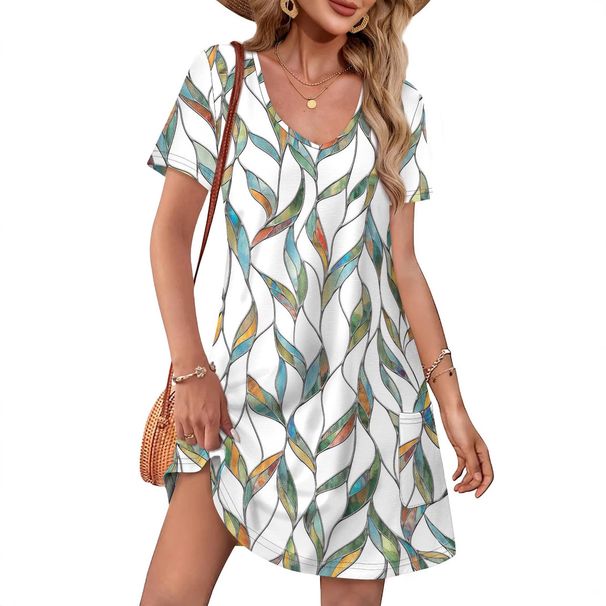 2025 Women's Casual Commuting Printed Round Neck Short Sleeved Pocket Dress_ecoleips.com