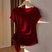 Women's Lightweight Satin Weave Short Sleeve Top With Ruffle Tie Detail, Breathable Round Neck T-Shirt_ecoleips.com