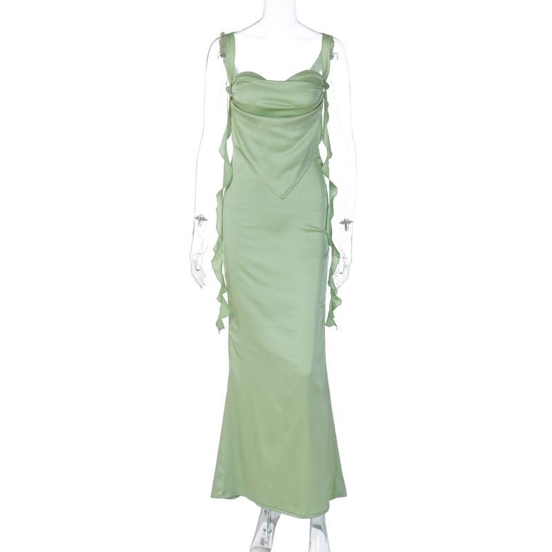 European And American 2026 Summer New Style Internet Celebrity Lace Strap Backless Fashionable Ruffle Ribbon Long Dress_ecoleips.com