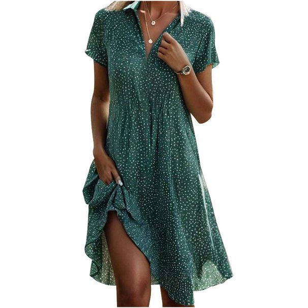 Women's Clothing Summer Long Skirt Casual Loose V Neck Short Sleeved Printed Polka Dot Shirt Dress For Women_ecoleips.com