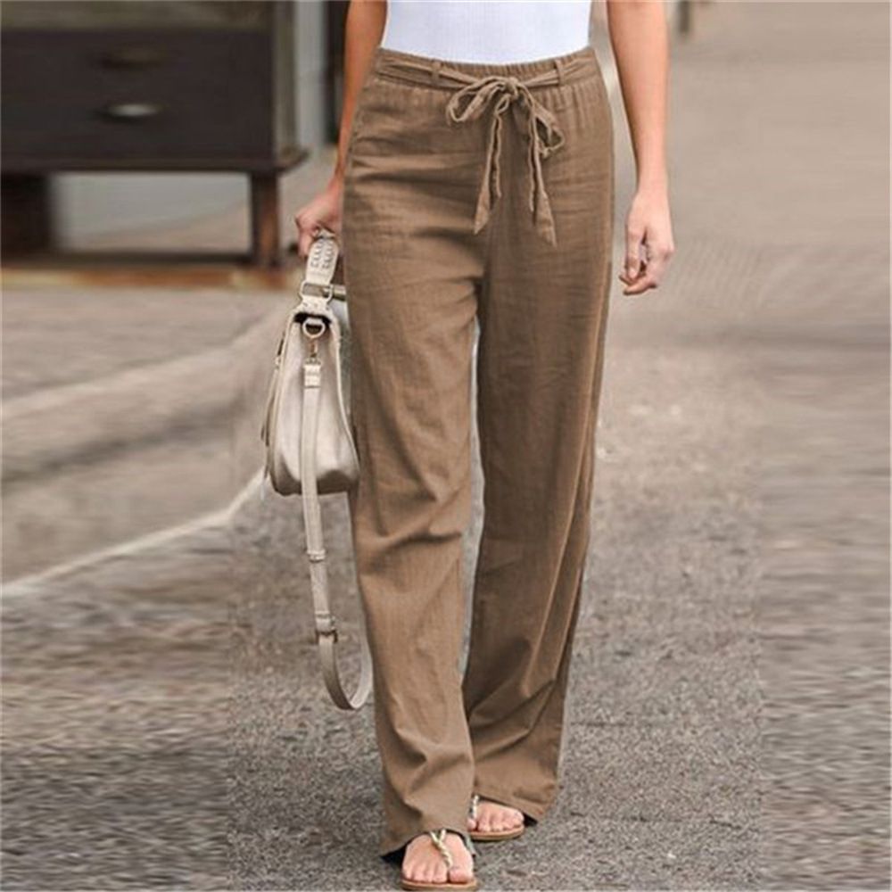 Women's Summer Elastic Waist Solid Color Pure Cotton Wide Leg Pants Casual High Waist Trousers For Plus Size_ecoleips.com