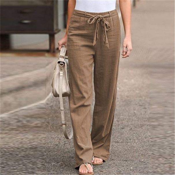 Women's Summer Elastic Waist Solid Color Pure Cotton Wide Leg Pants Casual High Waist Trousers For Plus Size_ecoleips.com