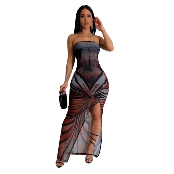 XZ8036 New Popular European And American Women's Dress, Mesh Printed Strapless High-slit Sexy Ultra-long Dress_ecoleips.com