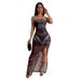 XZ8036 New Popular European And American Women's Dress, Mesh Printed Strapless High-slit Sexy Ultra-long Dress_ecoleips.com