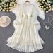 Korean Style Beaded Lantern Sleeve Stand up Collar Dress Waist Cinching a Line Glossy Beach Vacation Dress_ecoleips.com