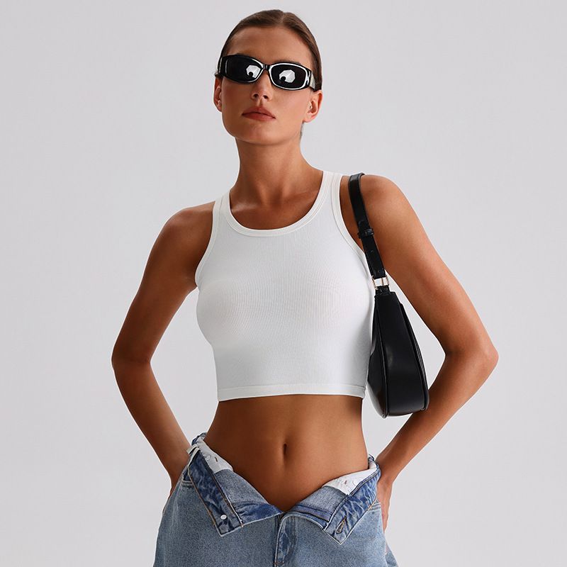 Luoqi Women's Ribbed Yoga Vest Spring/Summer Training Fitness Top Tight Fitting Casual Outerwear_ecoleips.com