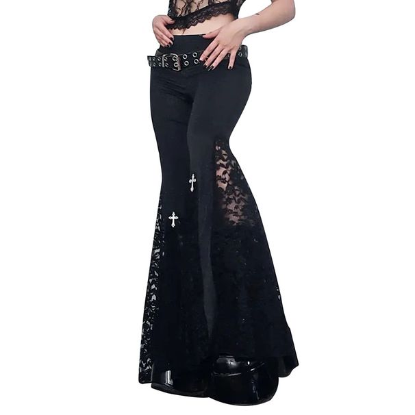 High Waisted Lace Trimmed Black Flared Trousers Women's Dark Punk Style Versatile Straight Leg Trousers New Autumn Collection_ecoleips.com