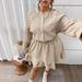 Women's Clothing Plus Size Clothes "French Retro Jacquard Dress – Women's A-Line Puff Sleeve Dress With Fitted Waist, Autumn & Winter Elegance"_ecoleips.com