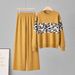 Women's Leopard Print Knit Two Piece Suit round Neck Long Sleeve Top with Casual Wide Leg Pants European American Style for Autumn Winter_ecoleips.com