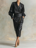 Freeavy Women's PU Leather Long Sleeves Dres V-neck High Waist A-line Pleated Midi Dress 2025 Fall Stylish Trench Coats_ecoleips.com