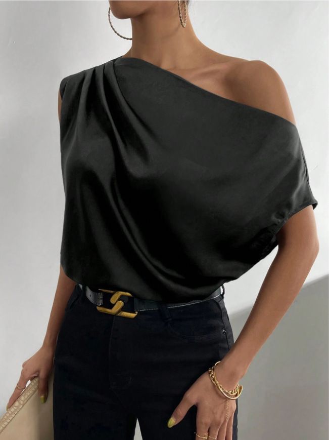 Women's Clothing Solid Color Satin Artificial Silk Irregular Shoulder Off-shoulder Pullover Sleeveless Shirt_ecoleips.com