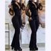 Women's Clothing Elegant Mesh Sleeves V Neck Button Pockets High Waist Lace Up Solid Color Slim Jumpsuit_ecoleips.com