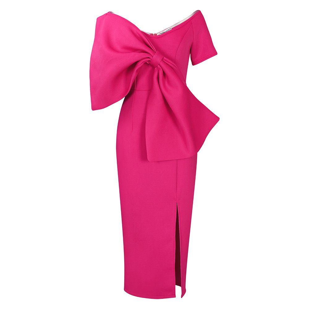 Women's Clothing Sexy High-Waist Bodycon Dress With Bow & Slit | Elegant V-Neck Party Dress | Stretchy Polyester Formal Gown_ecoleips.com