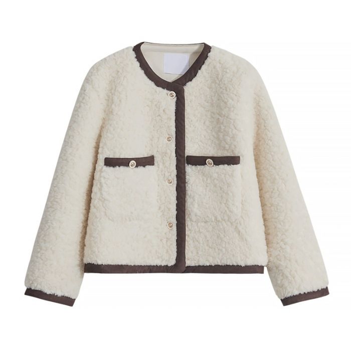 Elegant Faux Shearling Coat Women's Winter Short Jacket Soft Fleece Lined Outerwear Loose Fit Round Neck Casual Blouse_ecoleips.com