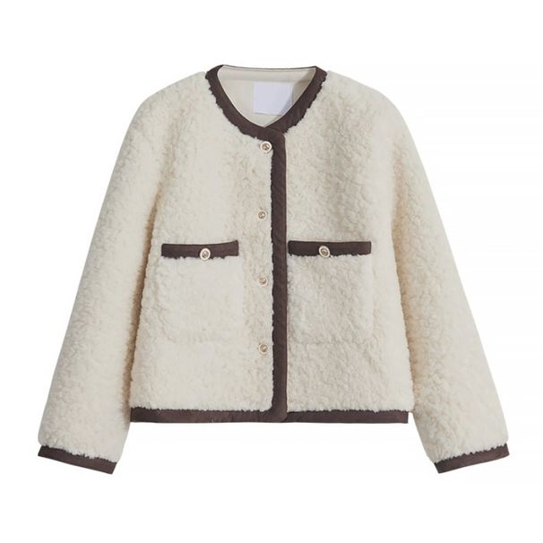 Elegant Faux Shearling Coat Women's Winter Short Jacket Soft Fleece Lined Outerwear Loose Fit Round Neck Casual Blouse_ecoleips.com