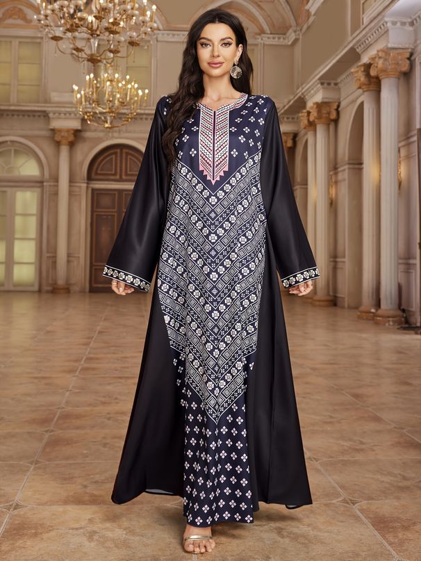 Modest Abaya Dress Elegant Geometric Print Abaya Dress – Modest Long Sleeve Muslim Dress For Women_ecoleips.com
