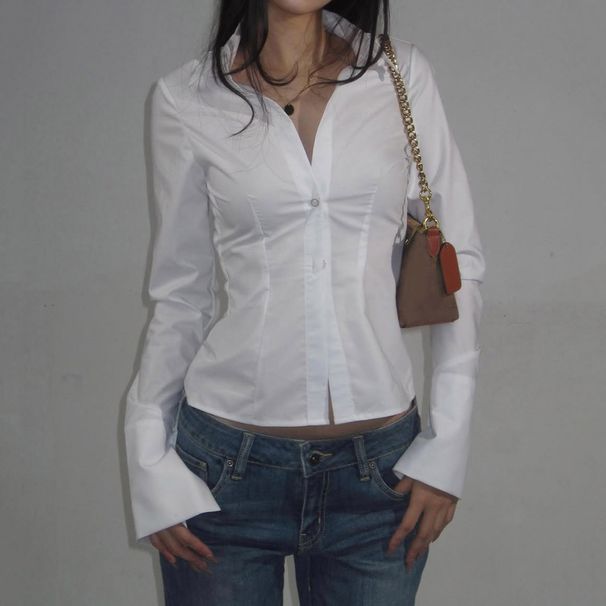 Aria Basics Aria Basics Fashionable Simple Commuter-style Slim-fit Turn-down Collar Button-up Basic Solid Color Woven Long-sleeve Shirt Top For_ecoleips.com