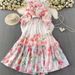Elegant Floral Print Chiffon Dress With Lantern Sleeves & Peplum Hem - A-Line Long Dress For Women (Pink, Light Blue, Lavender)_ecoleips.com
