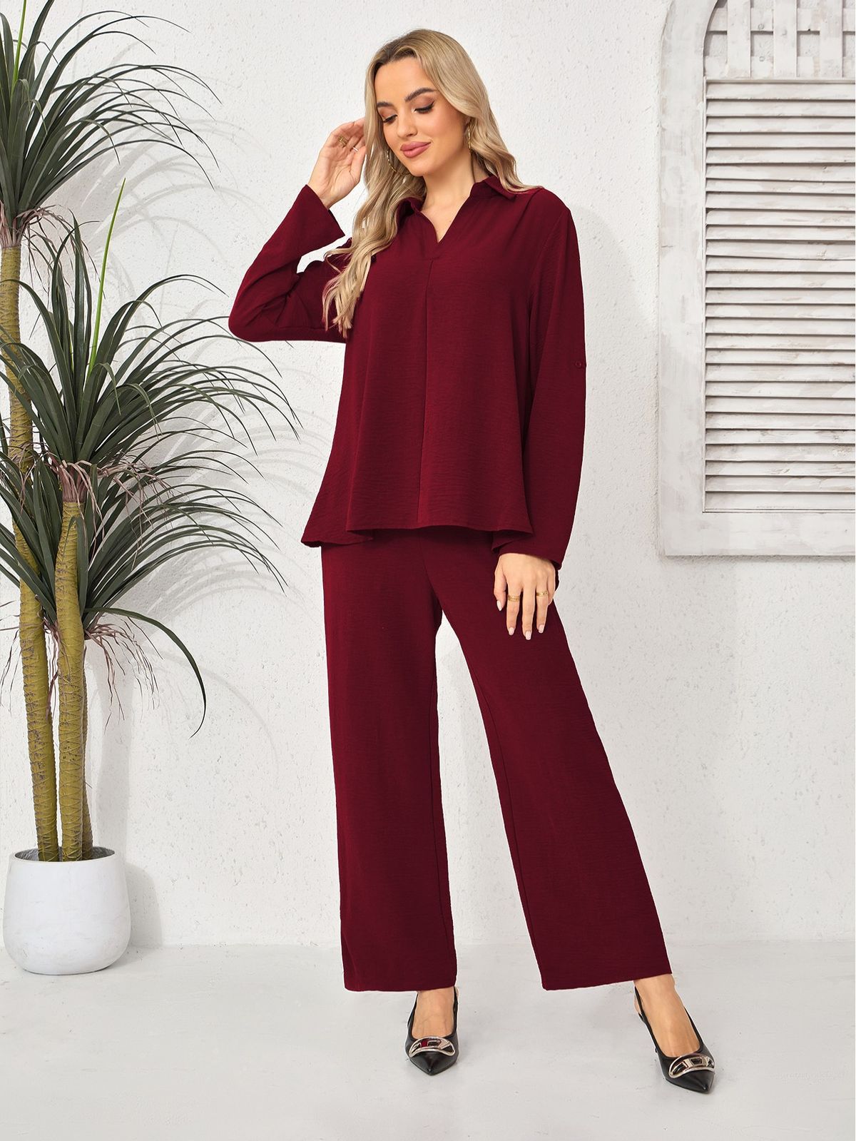 Modest Evening Dress Two Piece Set For Women Collared Top Loose Wide Leg Pants Popular Fashion_ecoleips.com